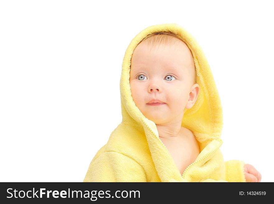 Small child in yellow hood on white background