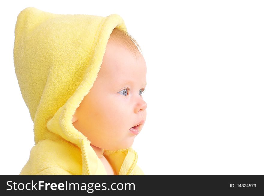 Small child in yellow hood on white background
