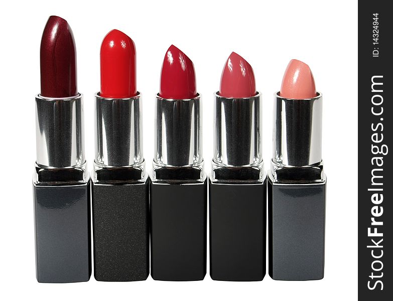 Five lipsticks of different colour isolated on the white