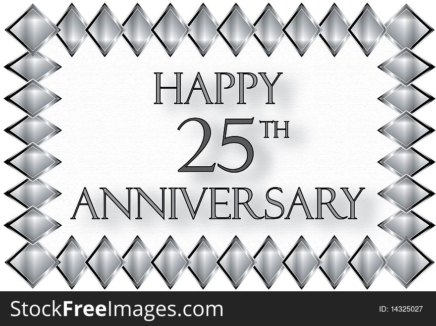 Silver frame illustration in diamond shapes with the message 'Happy 25th Anniversary on an off-white textured background. Silver frame illustration in diamond shapes with the message 'Happy 25th Anniversary on an off-white textured background