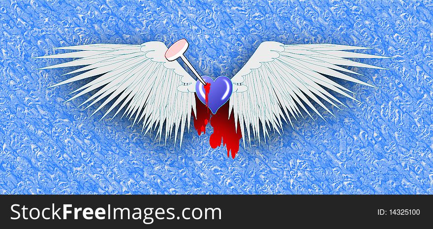 This illustration represents, metaphorically, dreams of love killed by a winged heart pierced by a nail. The use of blue, as the Anglo-Saxon symbolism of color serves to highlight the sad tone of the image.