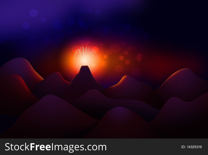 Stylized night landscape illustration with erupting volcano