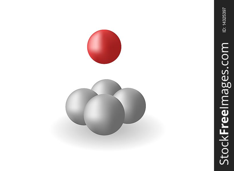 Four grey spheres and one red sphere