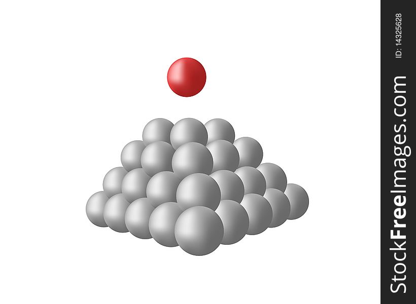 Much grey spheres and one red sphere. Much grey spheres and one red sphere