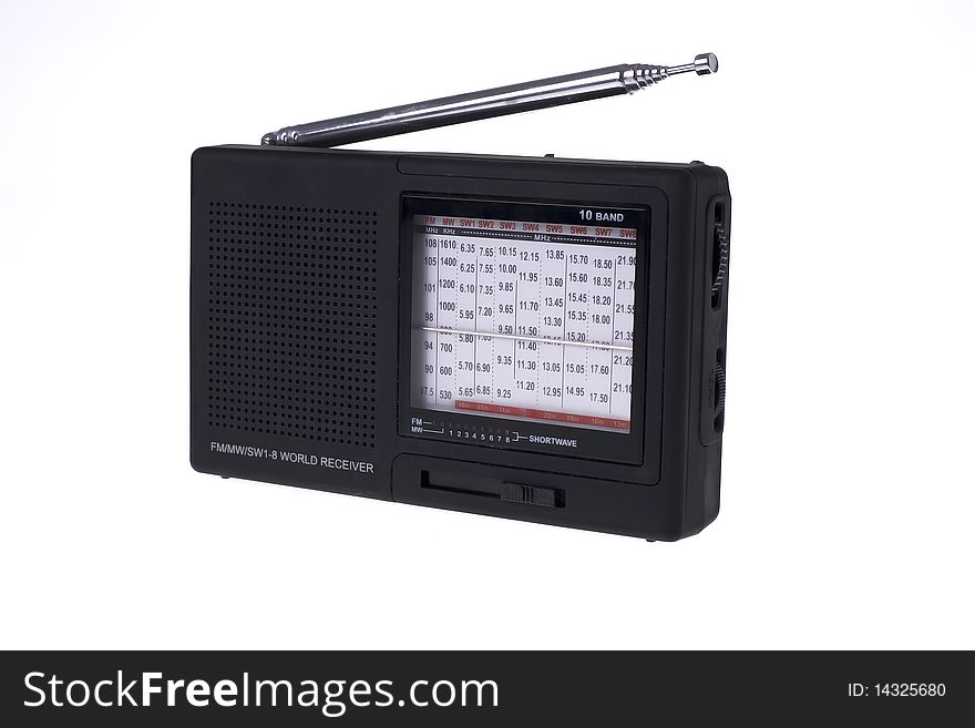 Portable black FM radio isolated on white background. Portable black FM radio isolated on white background