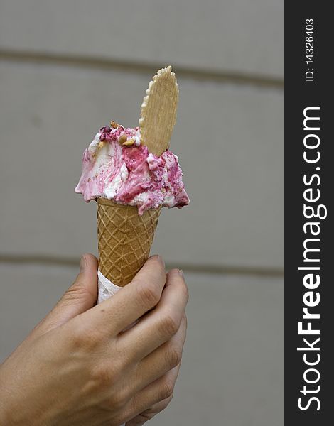 Isolated close up blckberry ice cream with nuts on a grey backround. Isolated close up blckberry ice cream with nuts on a grey backround