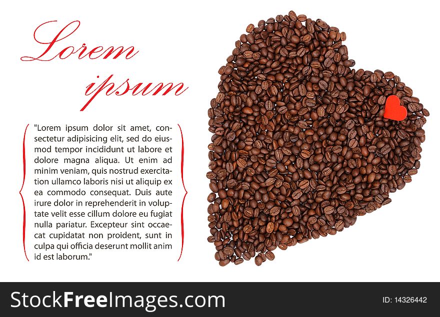 Coffee beans making heart shape with a little red heart on it and with place for your text on the left. Coffee beans making heart shape with a little red heart on it and with place for your text on the left