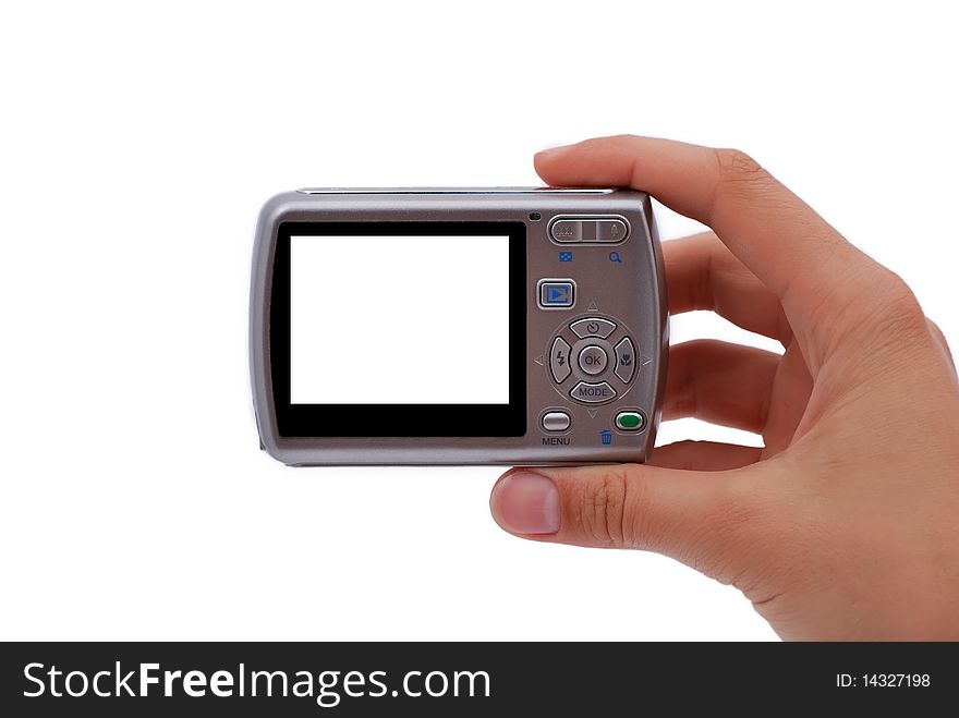 Digital photo cameras in hand on a white background