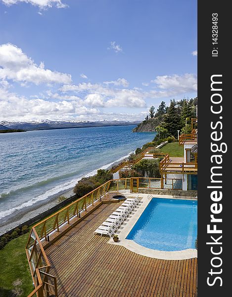 Hotel resort pool by the lake shore