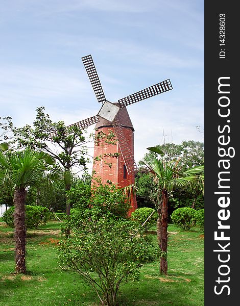 A traditional and typical Dutch windmill on the salient angle of a bastion