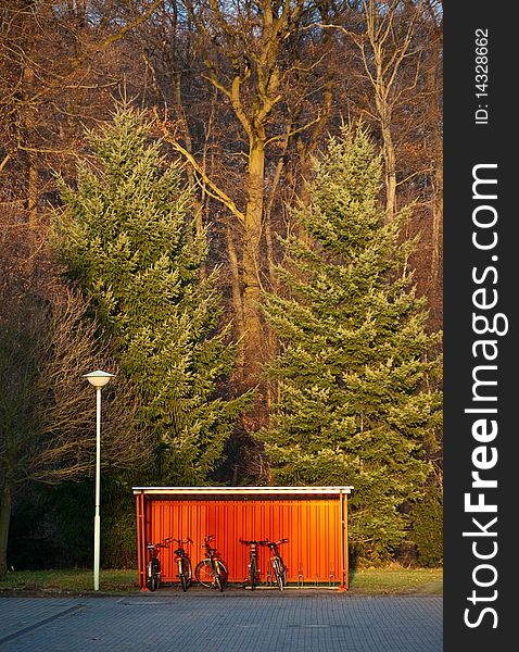 Red bicycle parking. Sunset. Vibrant colors