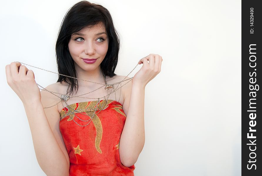 Beautiful Brunette Girl with red dress