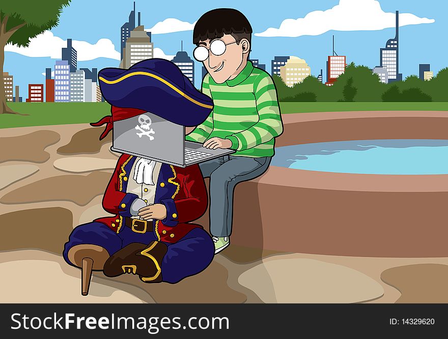 Man doing piracy on a laptop pirate. Man doing piracy on a laptop pirate