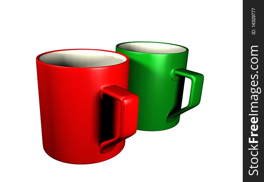 Two red and green empty cups on a white background. Two red and green empty cups on a white background