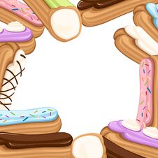 Pattern Of Sweet And Yummy Cream Eclair Dessert. Choux Pastry Filled With Cream. Flat  Illustration On White Background. Royalty Free Stock Image