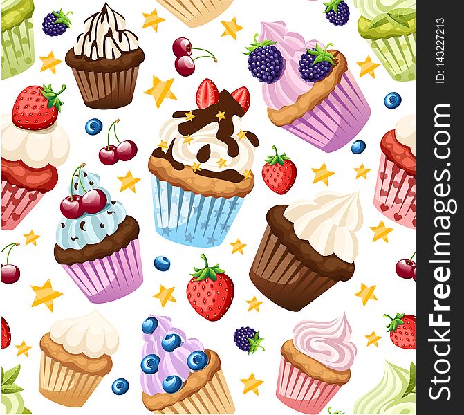 Seamless pattern. Collection of cupcakes with different ingredients. Set of sweet cakes. Colorful dessert. Flat  illustration on white background
