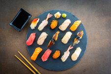 Nigiri Sushi Set With Salmon Tuna Shrimp Prawn Eel Shell And Other Sashimi Royalty Free Stock Images Nigiri Sushi Set With Salmon Tuna Shrimp Prawn Eel Shell And Other Sashimi Royalty Free Stock Images