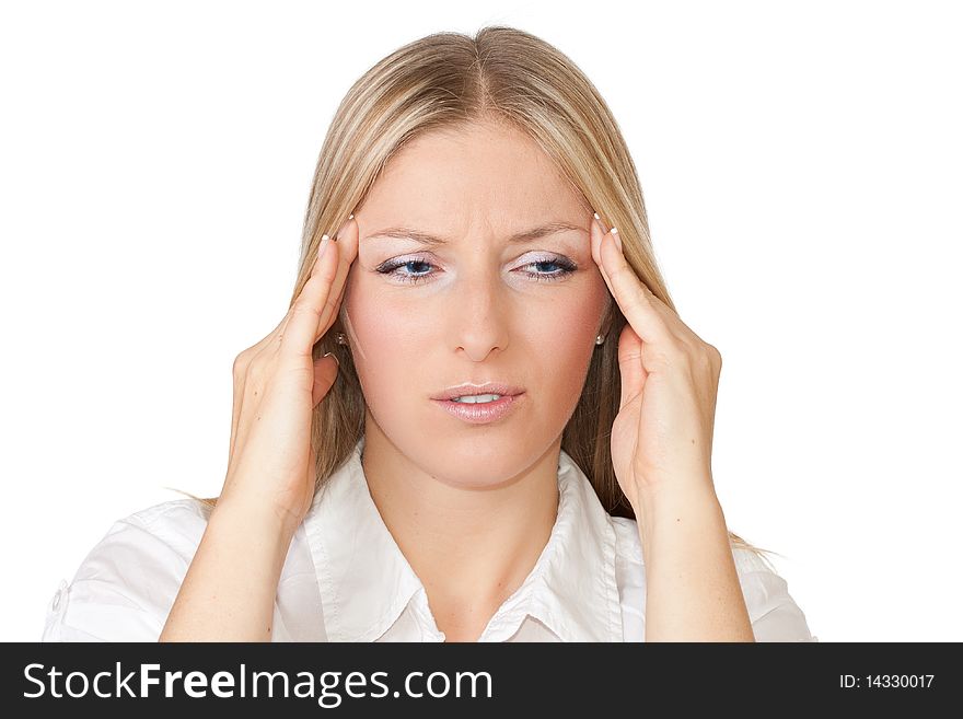 Woman with migraine on white isolated background. Woman with migraine on white isolated background