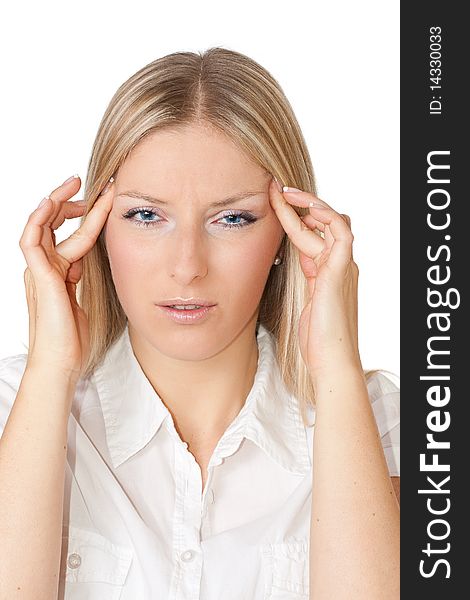 Woman with migraine on white isolated background. Woman with migraine on white isolated background