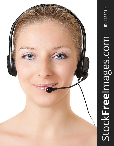 Helpful caucasian woman consultant with microphone. Helpful caucasian woman consultant with microphone