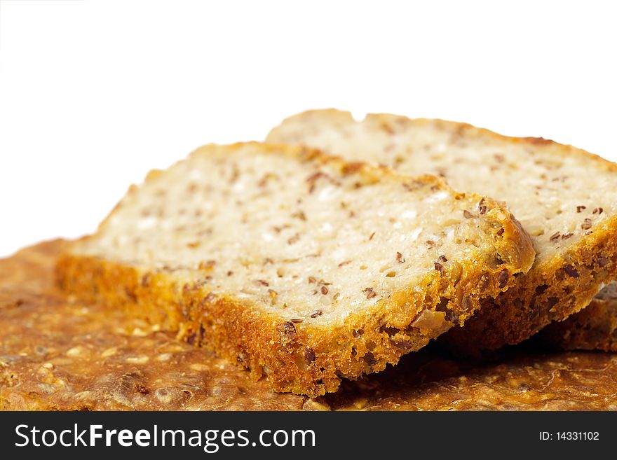 Rye bread on wooden board isolated white background