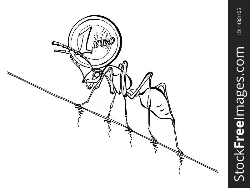 Description: Illustration of an ant pushing euro coin. Metaphor of currency status. Black line drawing on a white background.