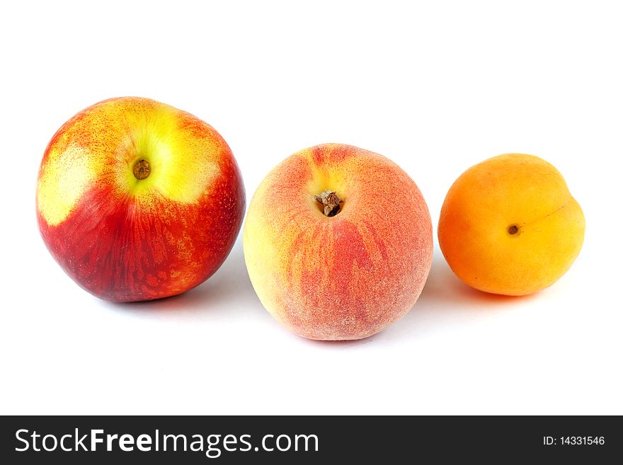 Nectarine, peach and apricot, fresh fruit against white background