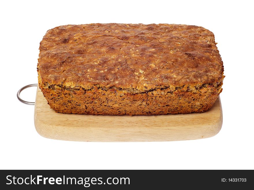 Rye bread on wooden board isolated white background