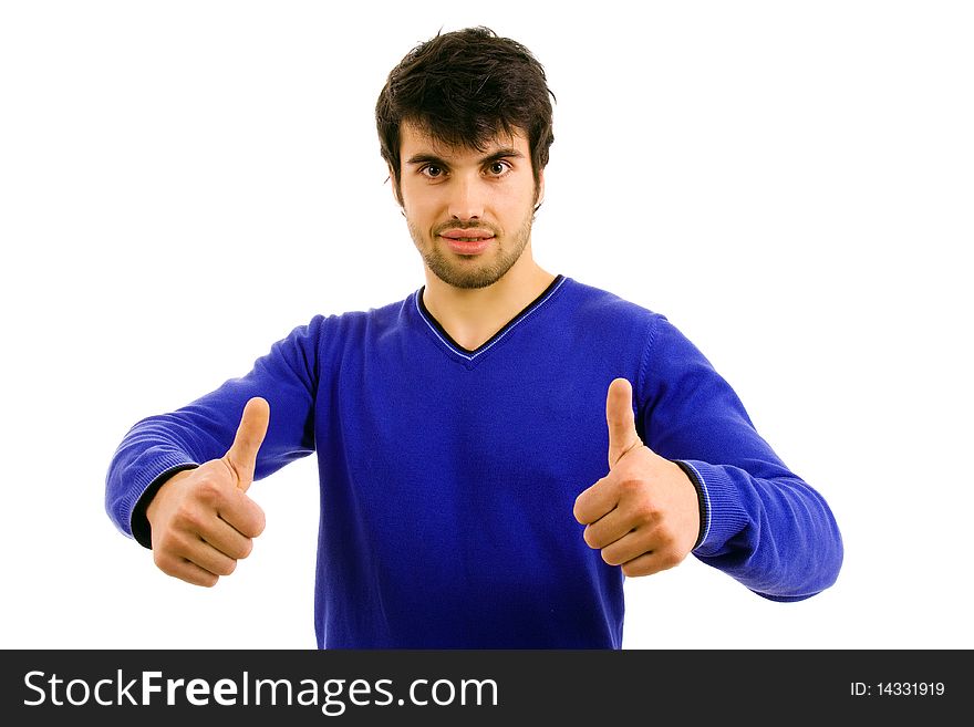 Young casual men tumbs up on white background. Young casual men tumbs up on white background