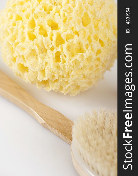 Bath sponge and brush, close-up. Bath sponge and brush, close-up