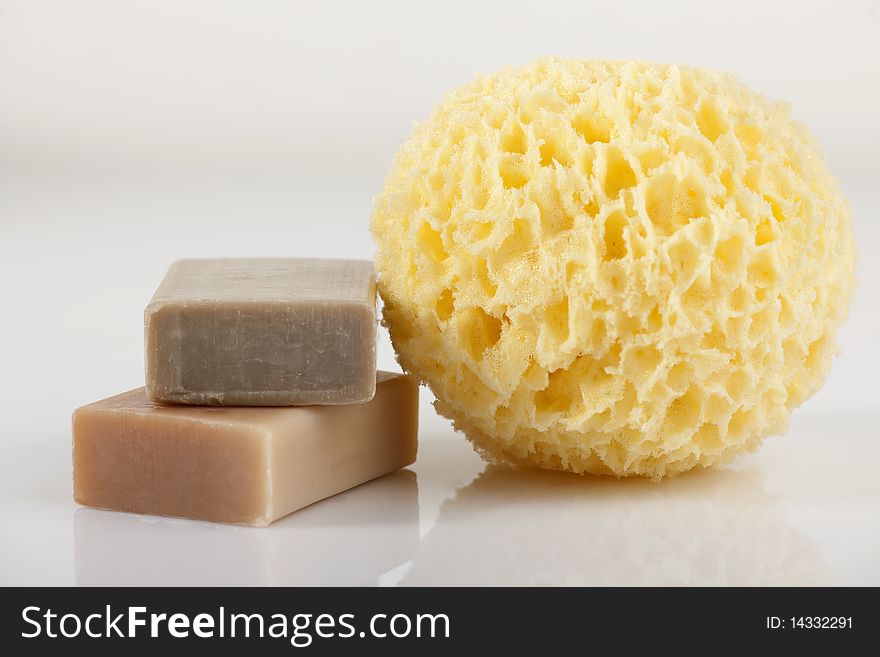 Bath sponge and natural soap. Bath sponge and natural soap