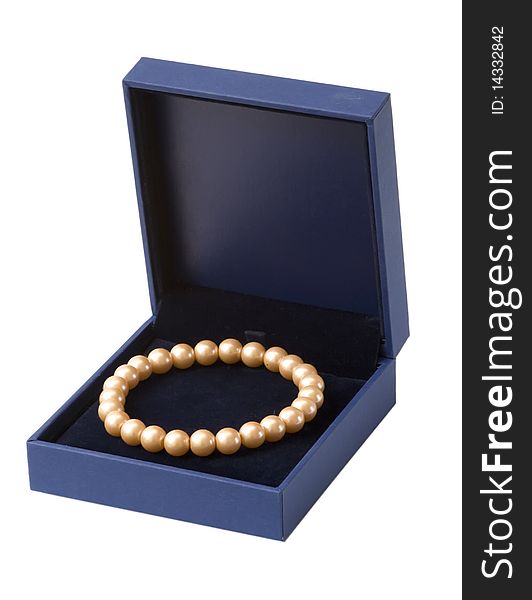 Open box with with pink pearl bracelet, isolated on the white background