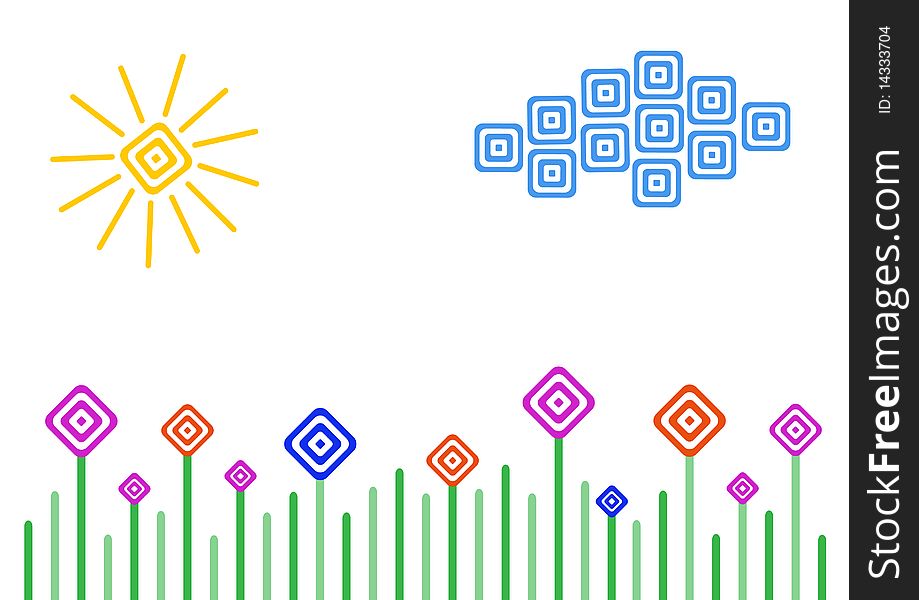 Vector meadow, sun and cloud in simple geometry style. Vector meadow, sun and cloud in simple geometry style