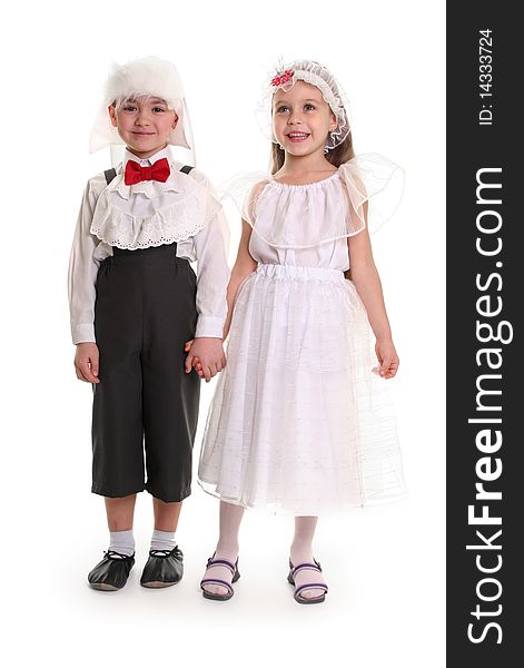 Funny young couple on white. Funny young couple on white