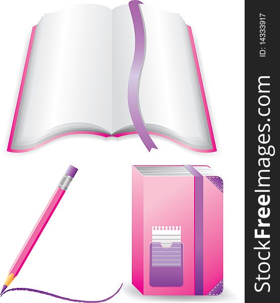 Pink notebook, open book and pencil.  Isolated on a white background. Vector will be additional. Pink notebook, open book and pencil.  Isolated on a white background. Vector will be additional