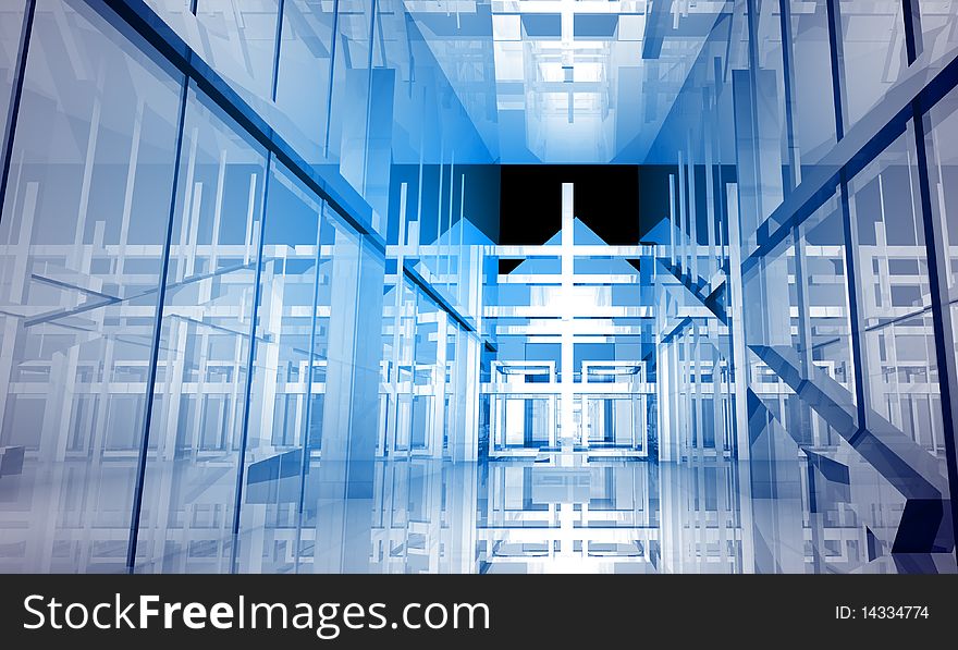 Indoor building. Office space with blue light effects