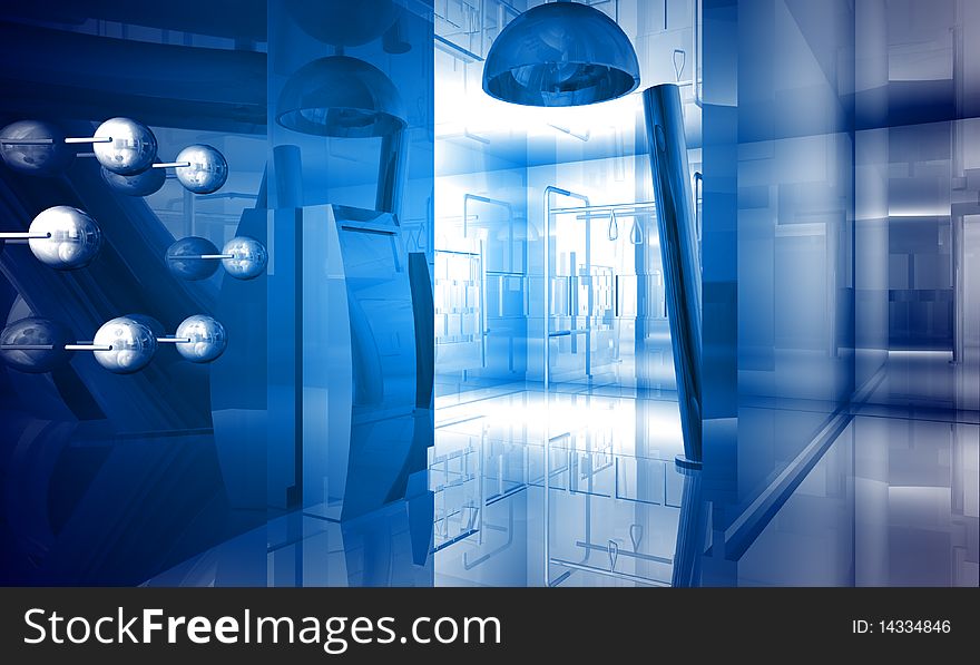 Indoor building. Office space with blue light effects