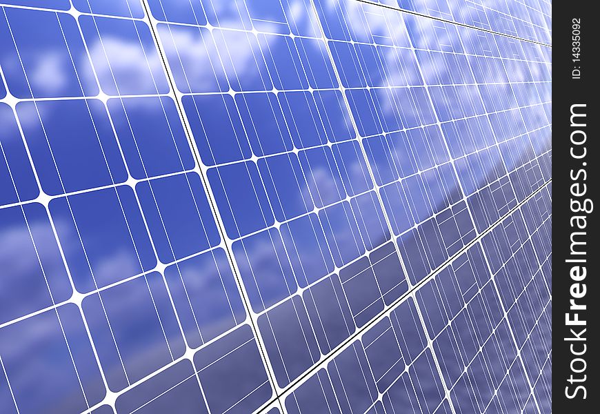 3d illustration of solar panel background, with blue sky reflection