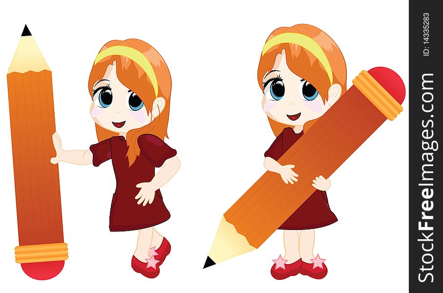 Girl holding big pencil. For the purpose of poster, banner and others. Girl holding big pencil. For the purpose of poster, banner and others