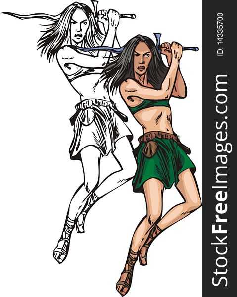 A girl in a tunic, holding a  spear  in his hand. A girl in a tunic, holding a  spear  in his hand.