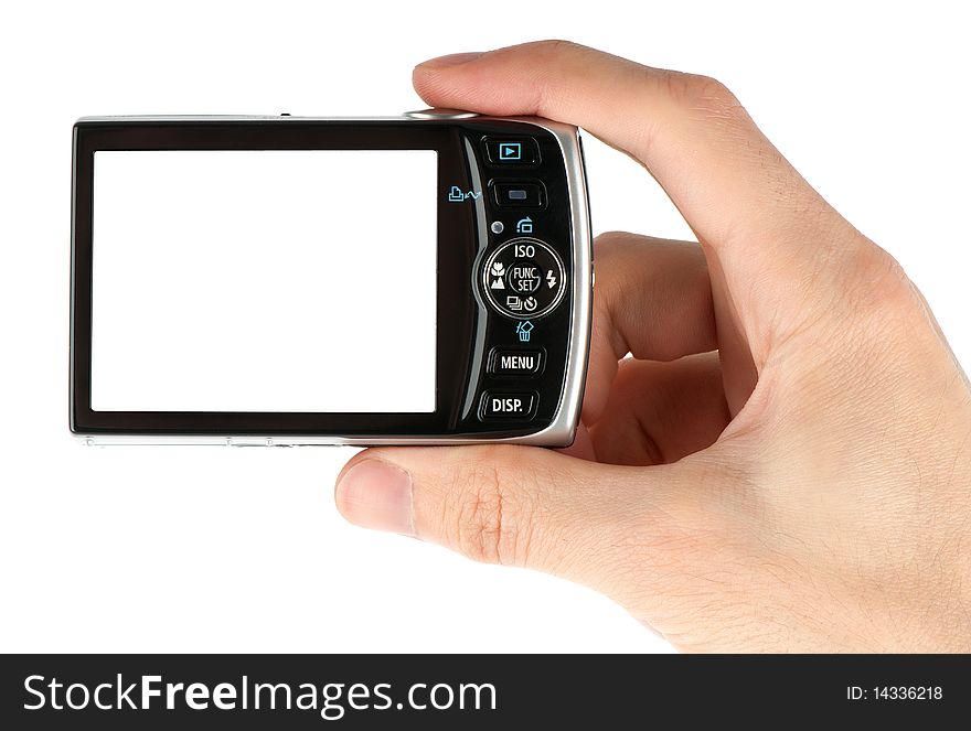 Digital camera in a hand isolated on white