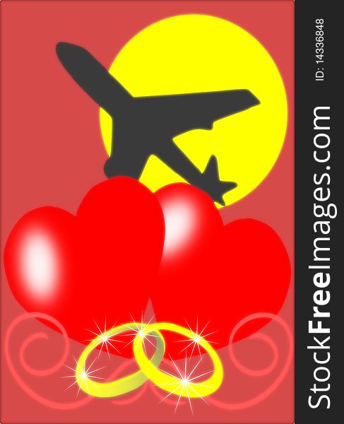 Illustration representing the concept of honeymoon. Sun and air-plain represent the concept of travel, hearts and wedding rings represent the concept of wedding.