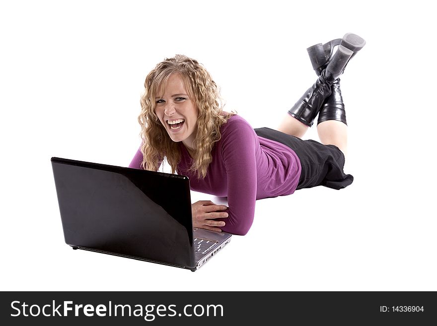 Businesswoman with laptop and laughing