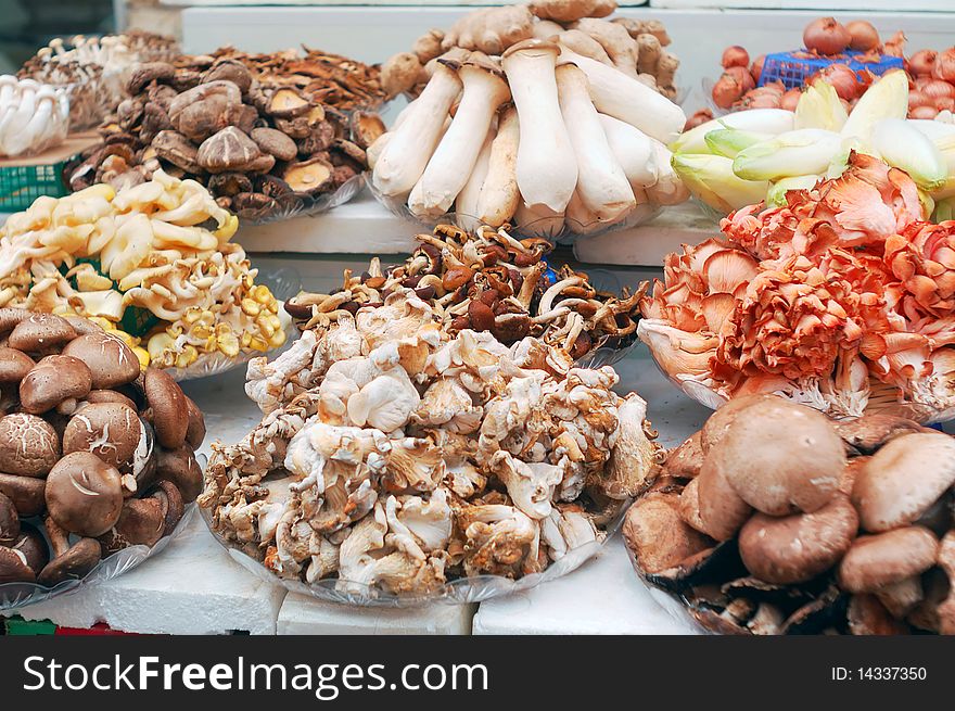 Close up of mushrooms on market stand