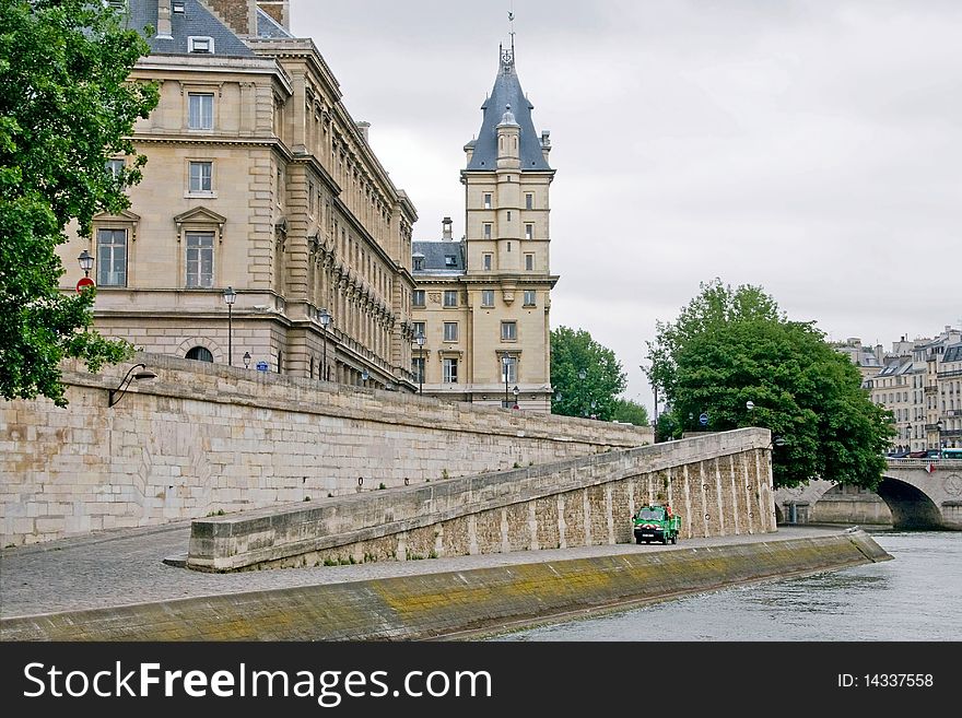 This is a panoramic shot of buildings along the Seine River in Paris on the Quai des Orfevres.