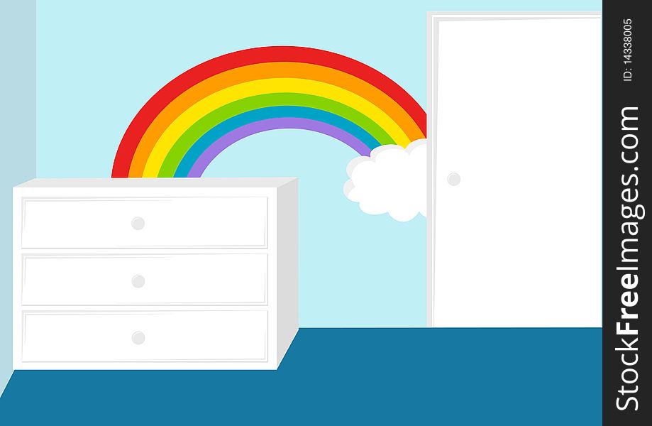 A baby room with a door, cabinet and a rainbow on the wall