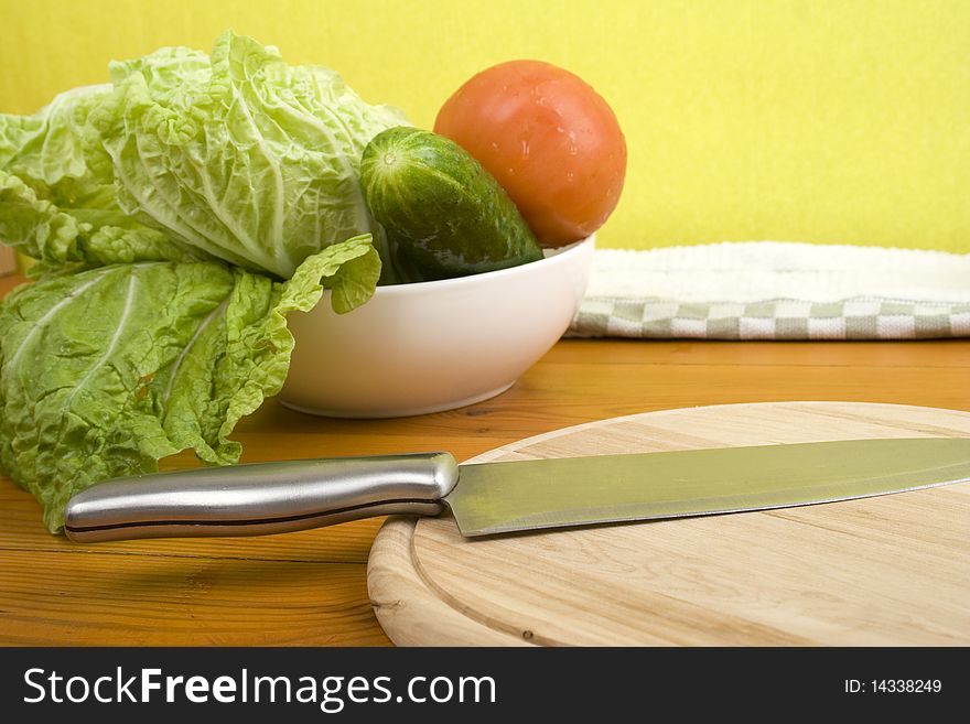 Ingredients for vegetable salad. Preparation of lettuce