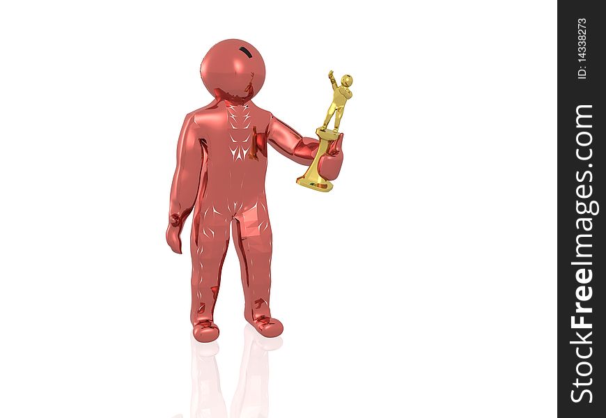 Red 3d man with the cup, white reflective background. Red 3d man with the cup, white reflective background.