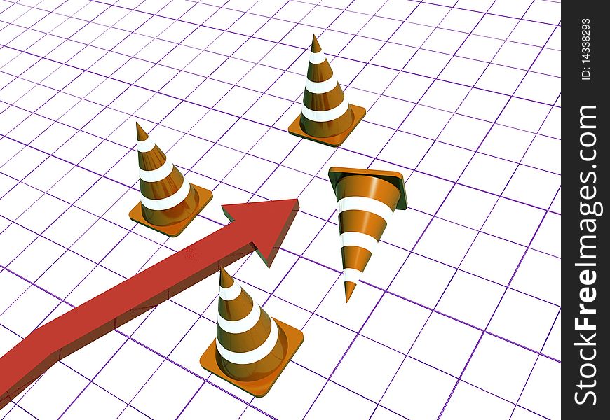 Precautionary cones and arrow on white checkered background.