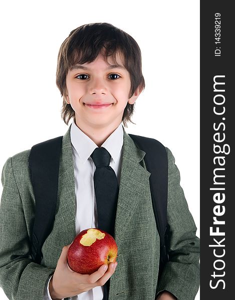 Little boy in bussiness style with the apple on white background